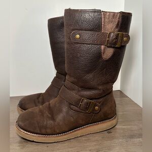 UGG Kensington Brown Leather Shearling Lined‎ Buckle Moto Boots Women Size 8